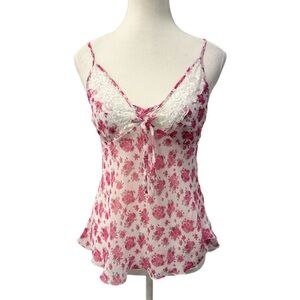 Pink Floral Lace Cami Top with Tie Front, Scallop Bottom Size Large